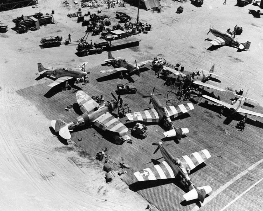 Maintenance work 5th af p 51d mustangs and p 47 thunderbolts lingayen airfield philippines april 1945